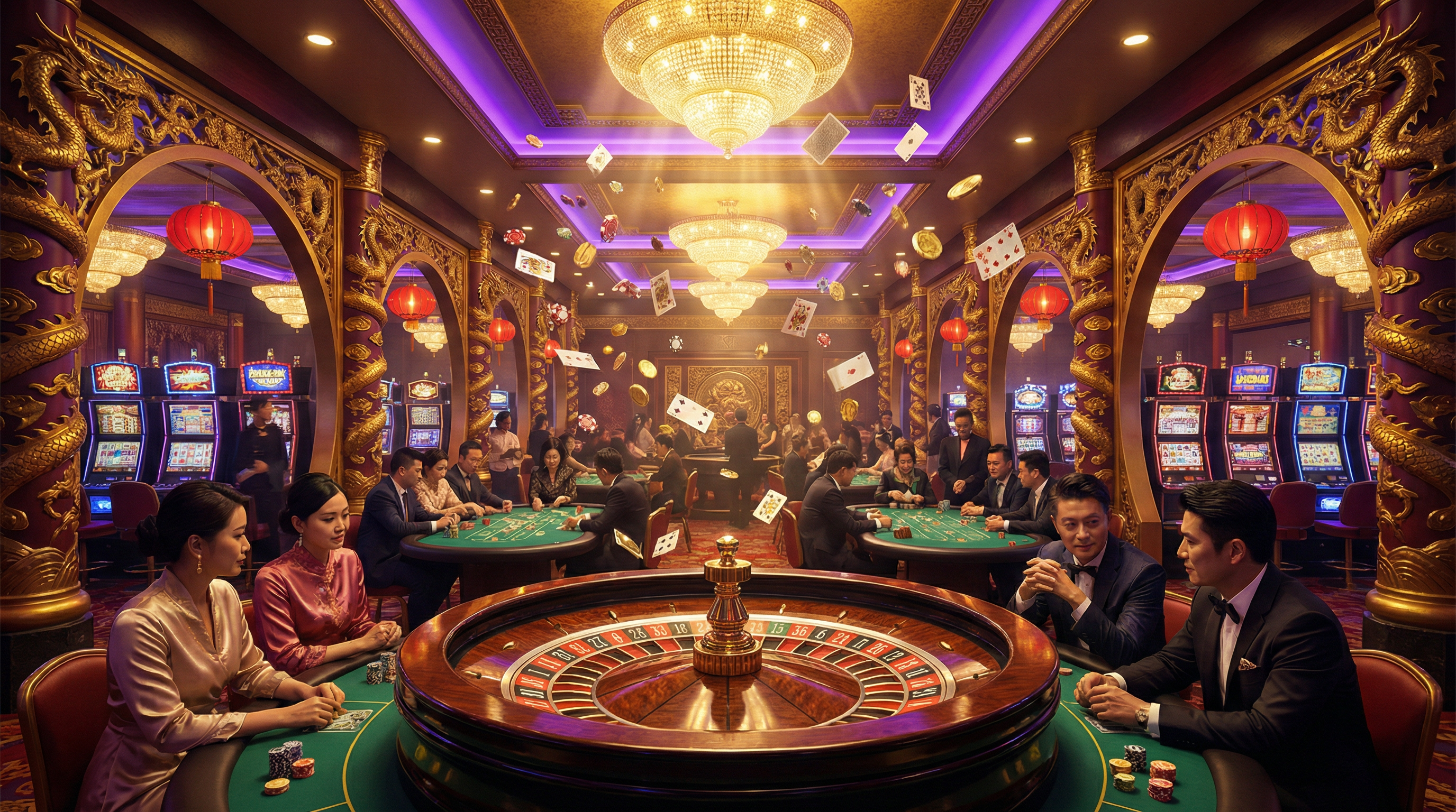 金沙国际豪华博彩大厅展示,包含轮盘、扑克桌和老虎机
